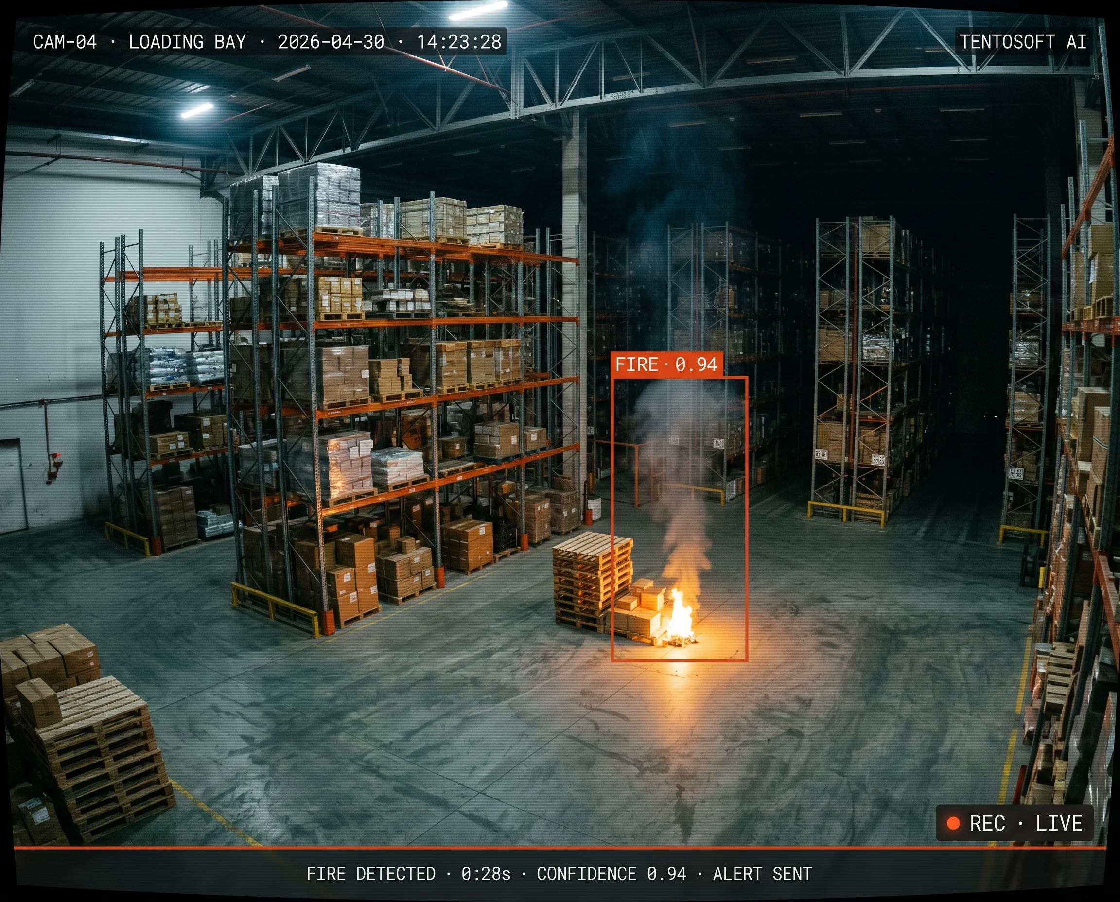 Tentosoft AI fire detection software detecting smoke in a warehouse via CCTV with live alert dashboard